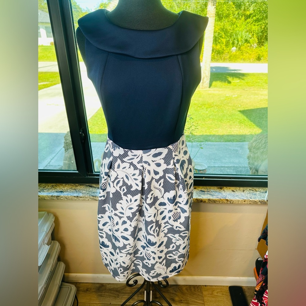 Kate & Lily Elegant Navy White Floral Poplin Skirt Lace A-Line Dress Size 8